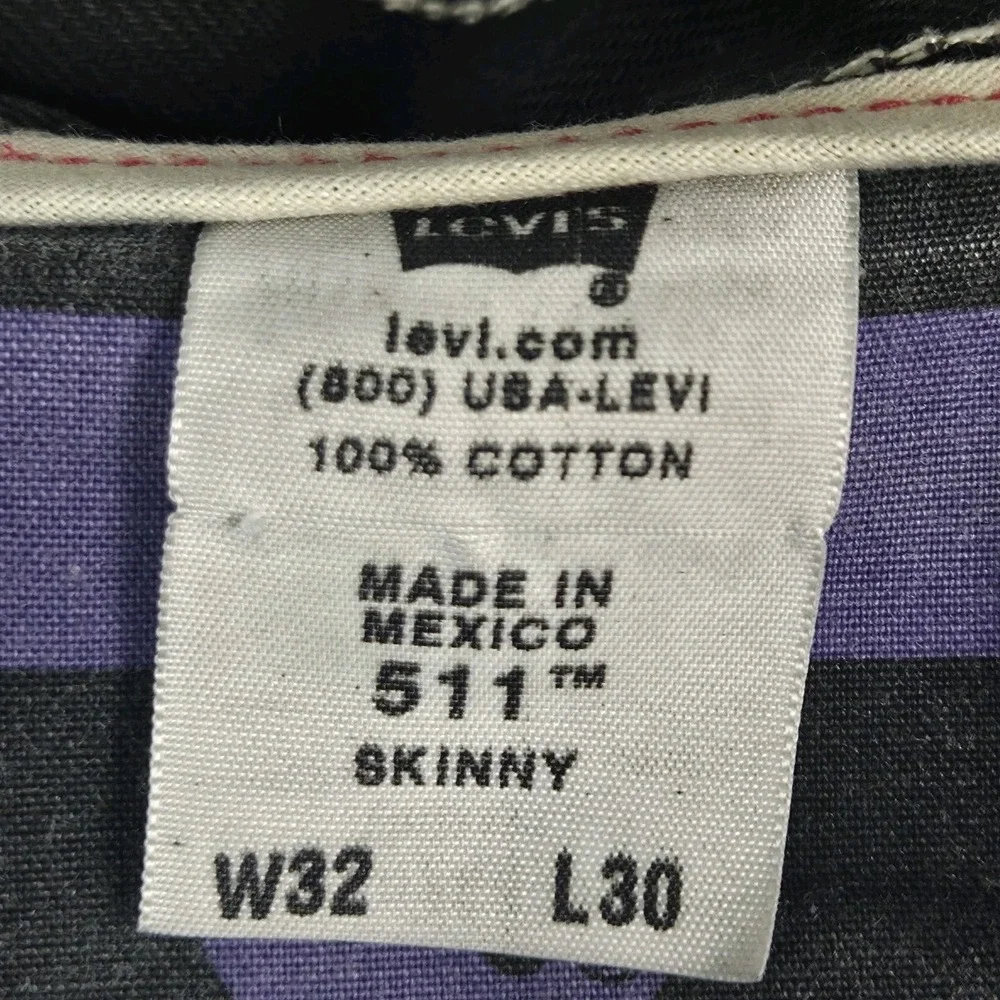 VTG Y2K Levis 511 Skinny Original Black Jeans Mens 33x32 Purple Checker Pockets